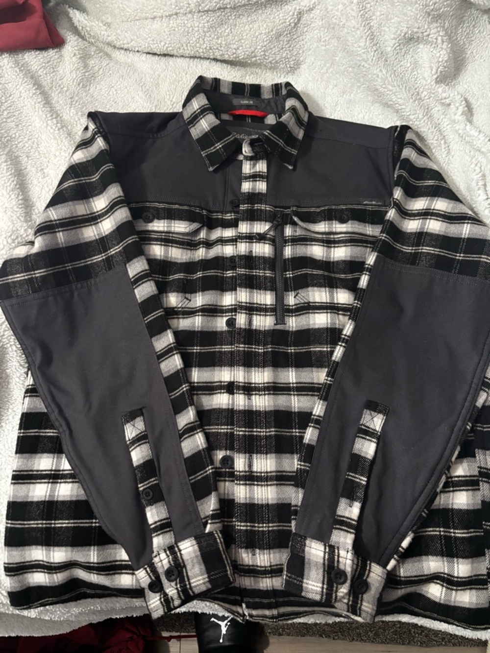 Eddie Bauer Black and White Plaid Shirt Jacket with Gray Panels